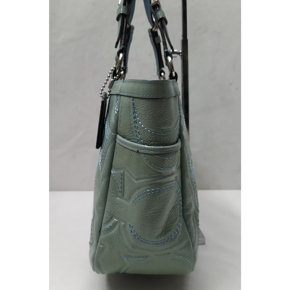 Coach Blue Patent Leather Signature C Embossed Double Handles Pockets Tote Bag - Picture 16 of 16